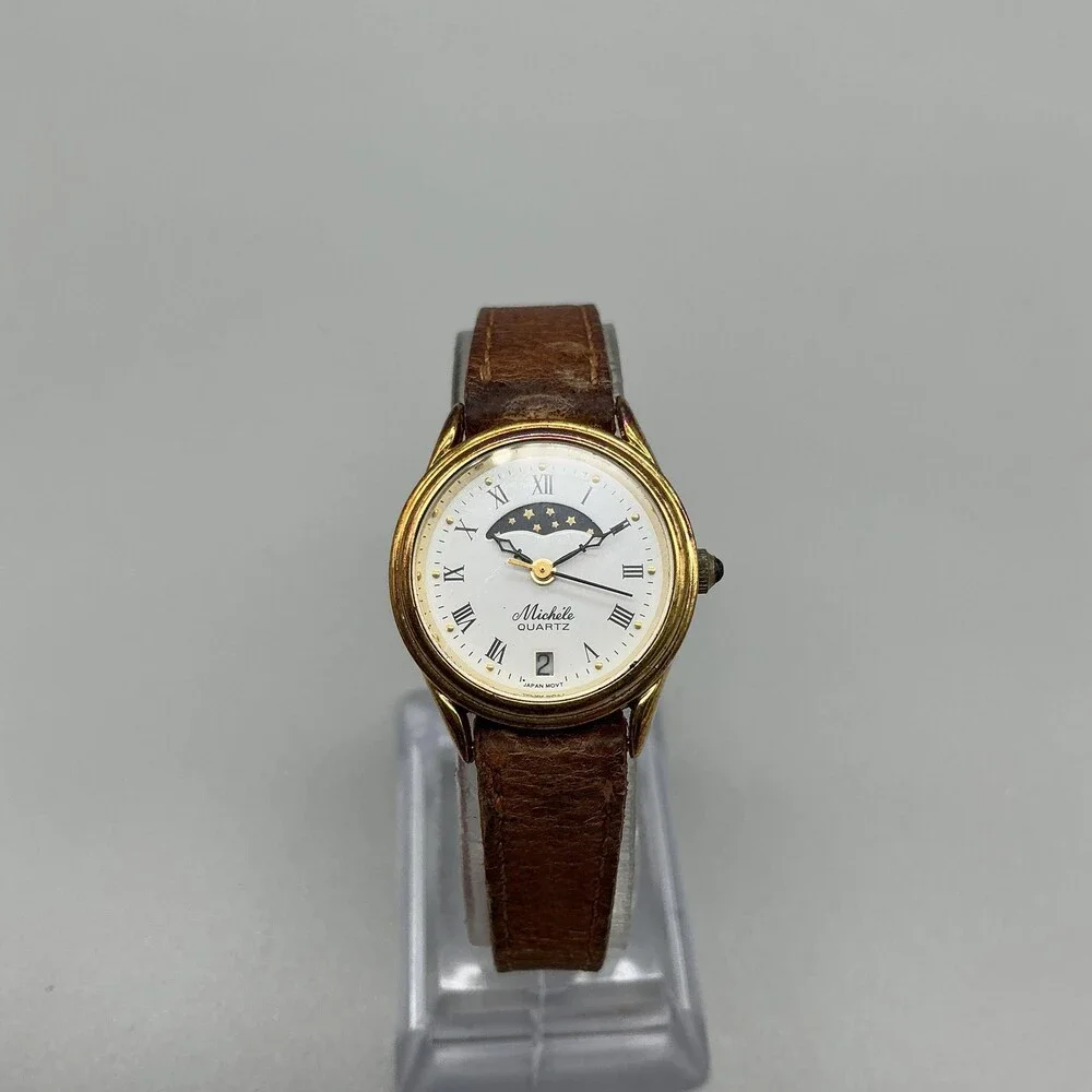 Vintage Michele Womens Watch 23mm Gold Tone Moon Phase Brown Leather New Battery